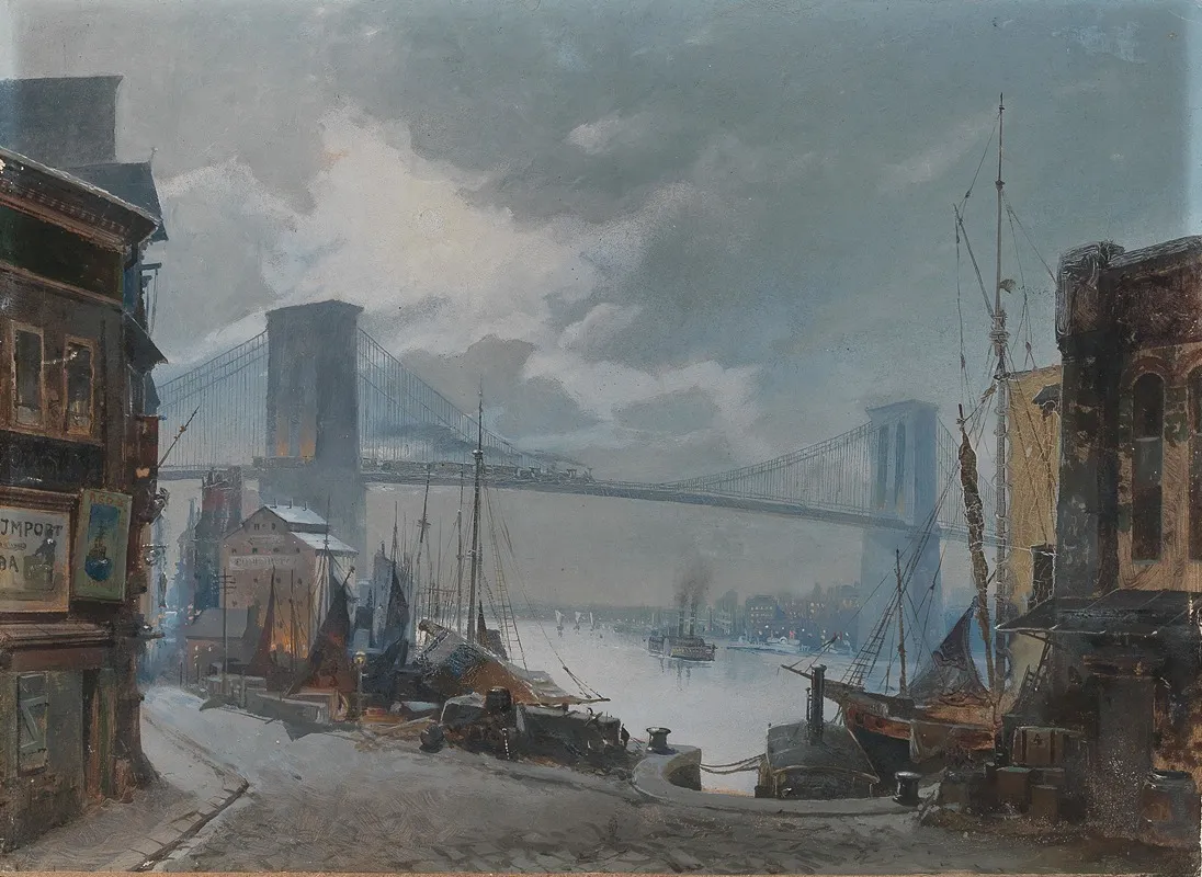 New York Scene View Of The Brooklyn Bridge Which Was Opened In 1883 South Street In The Foreground