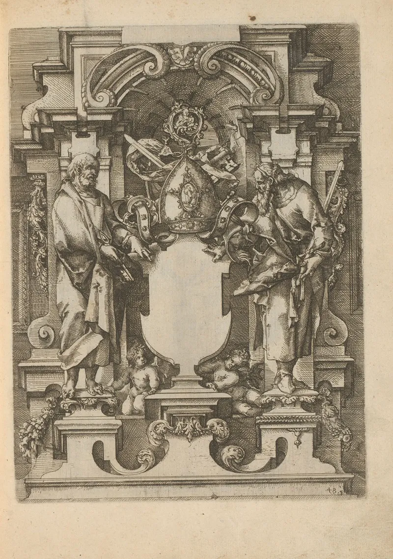 Niche With An Empty Cartouche Flanked By The Apostles Peter And Paul by Wendel Dietterlin - Canvas Print