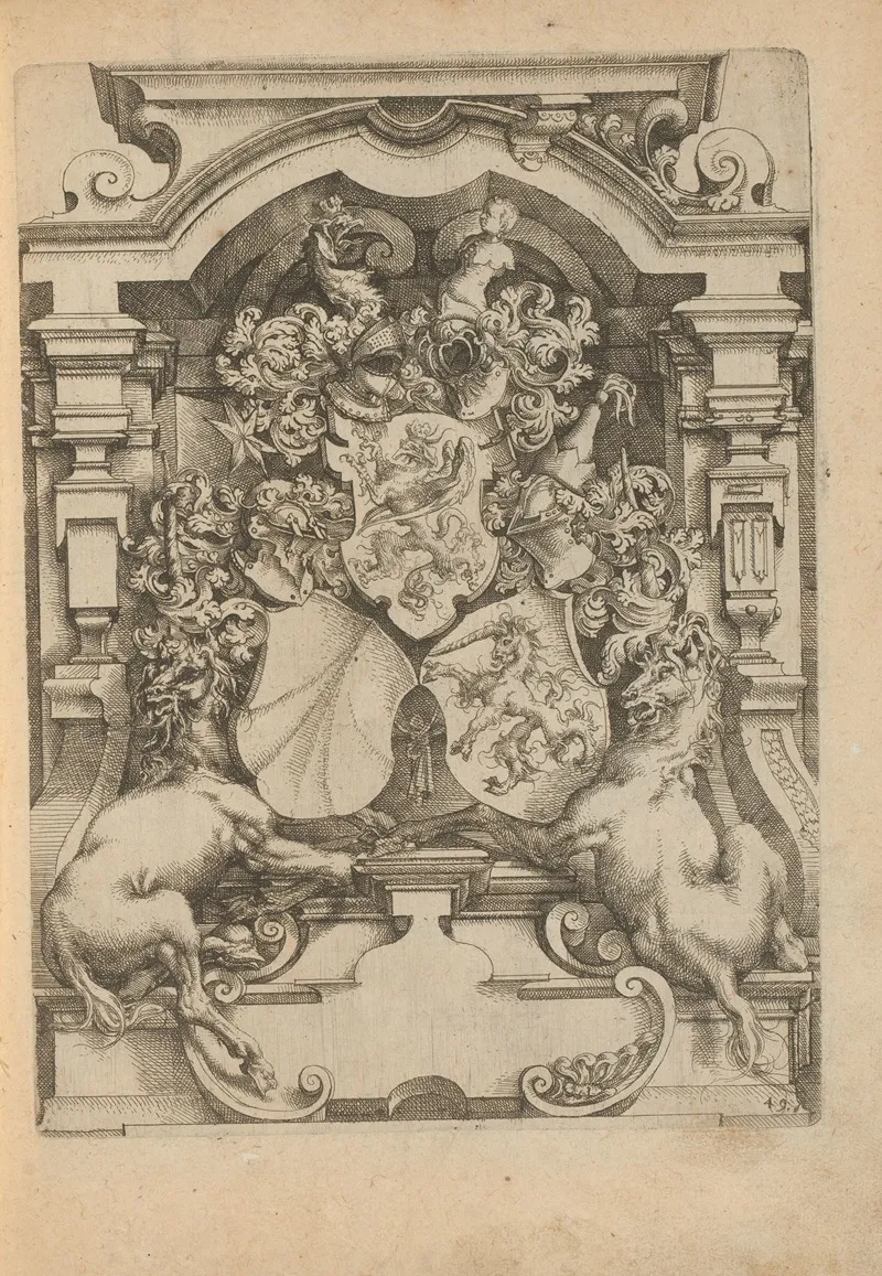 Niche With Three Coats Of Arms Flanked By Unicorns And Decorated Helmets by Wendel Dietterlin - Canvas Print