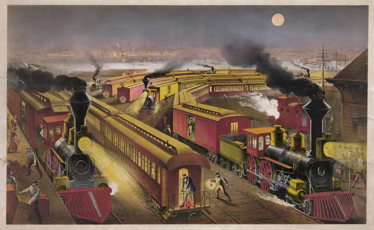 Night Scene At An American Railway Junction Lightning Express Flying Mail And Owl Trains On Time