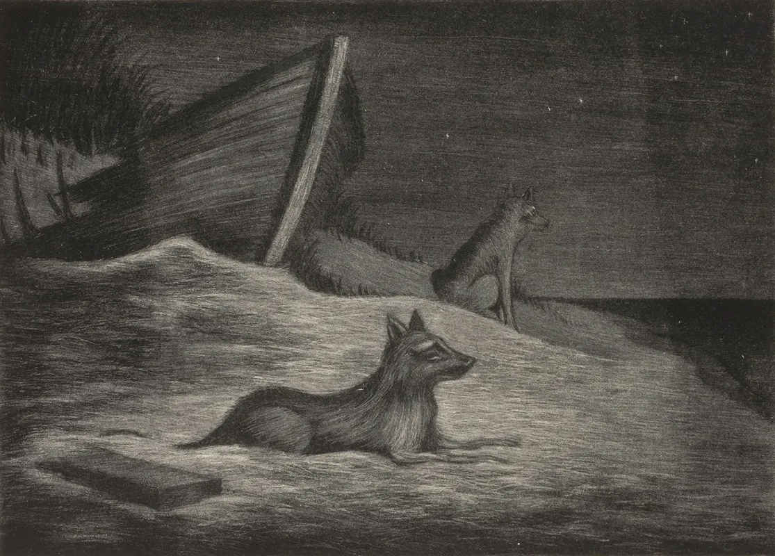 Night Scene Of Shoreline With Two Wolves