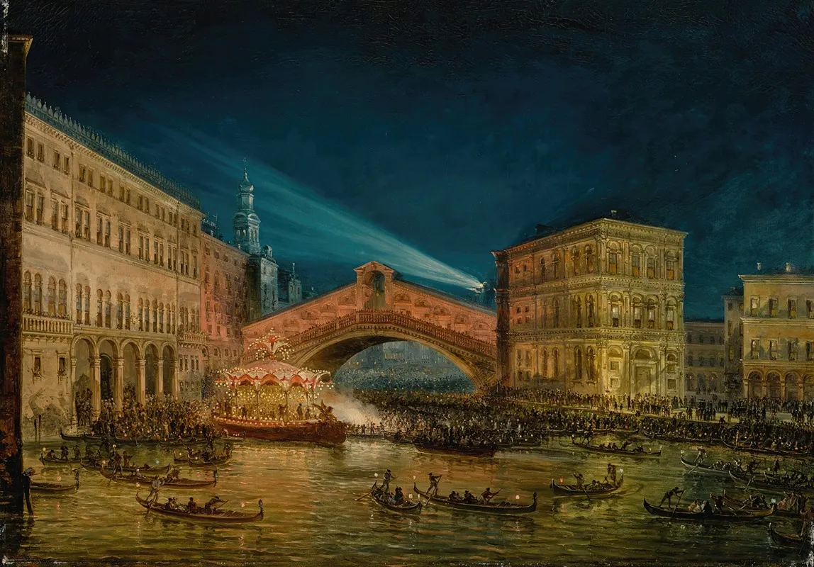 Night Time View Of The Rialto On The Feast Of The Redentore by Giovanni Grubacs - Canvas Print