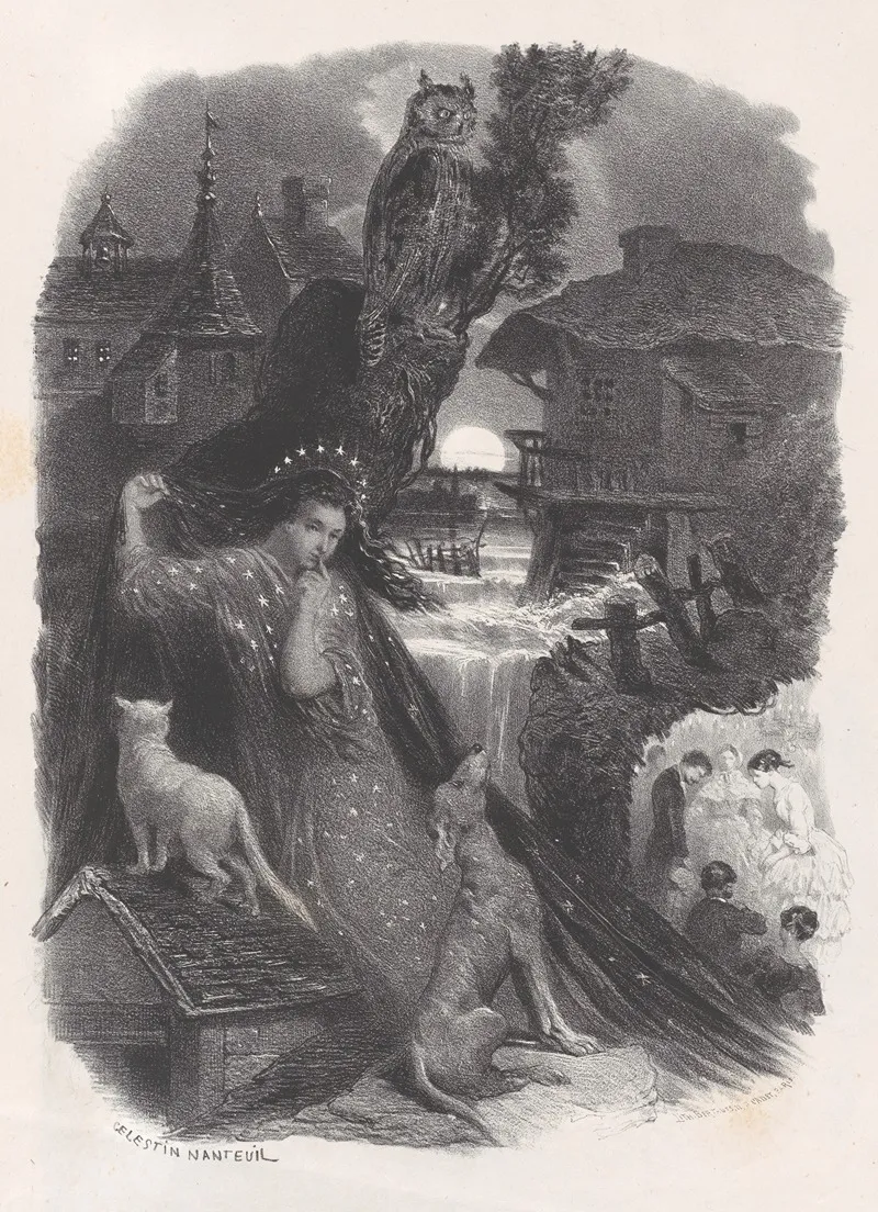 Night Vignette Of Girl In 18th Century Costume Picking Roses On Verso by Celestin Nanteuil - Canvas Print