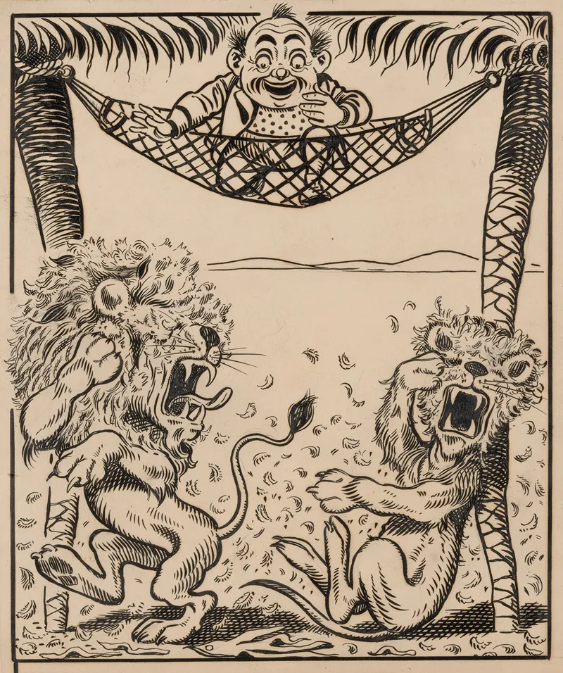 Nine Comic Strip Frames Of Man Dropping Molasses And Feathers On Lions Beneath His Hammock Pl 8 by Franklin Morris Howarth - Canvas Print