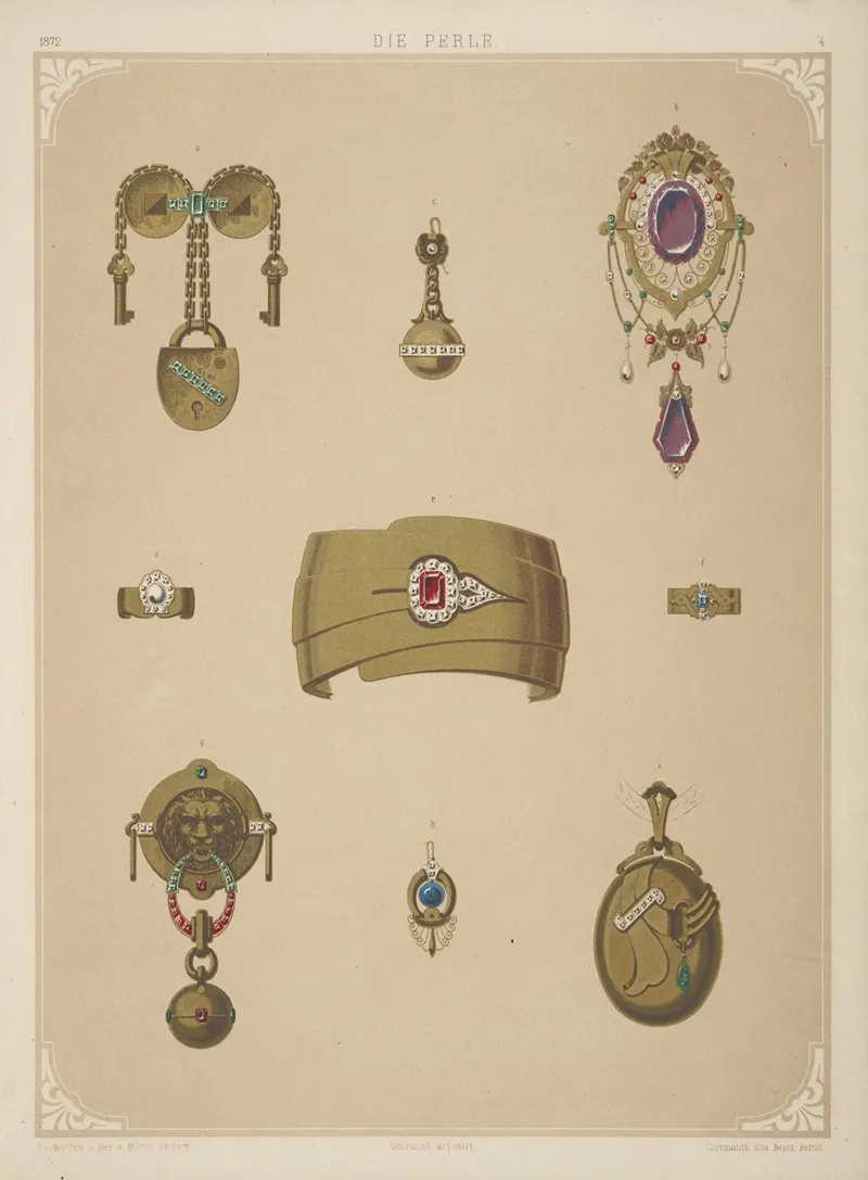 Nine Designs For Jewelry Including Gold Bracelet With Red Stone by Martin Gerlach - Canvas Print
