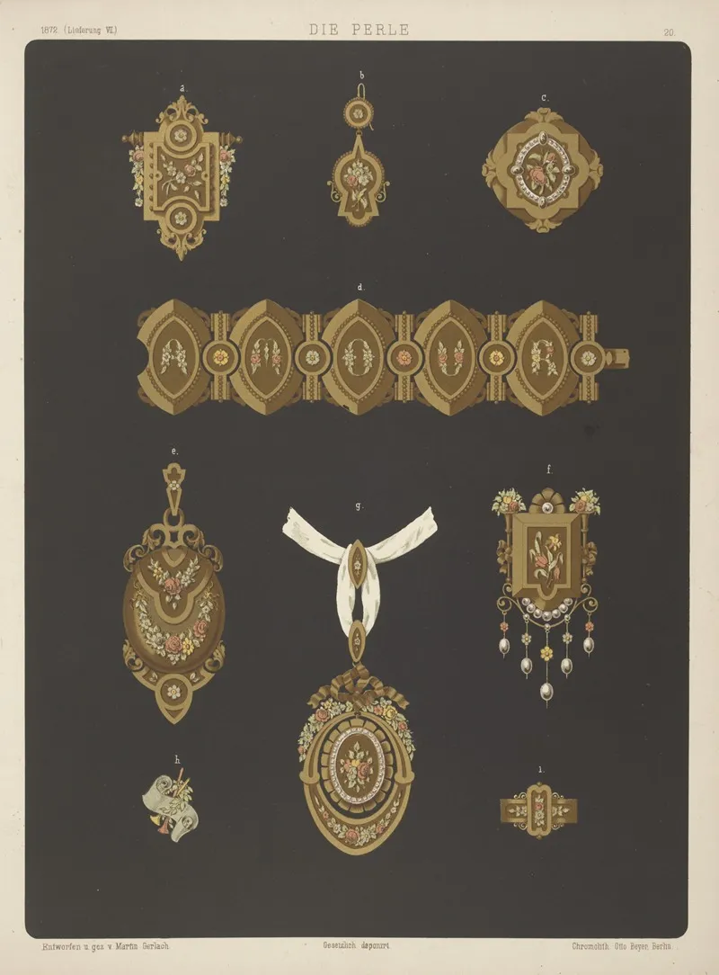 Nine Designs For Jewelry Including Large Gold Pendant With Green Yellow And Pink Flowers by Martin Gerlach - Canvas Print