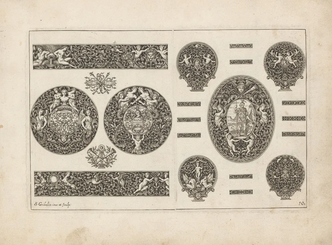 Nine Ornaments With Cherubs And Plants by Simon Gribelin - Canvas Print
