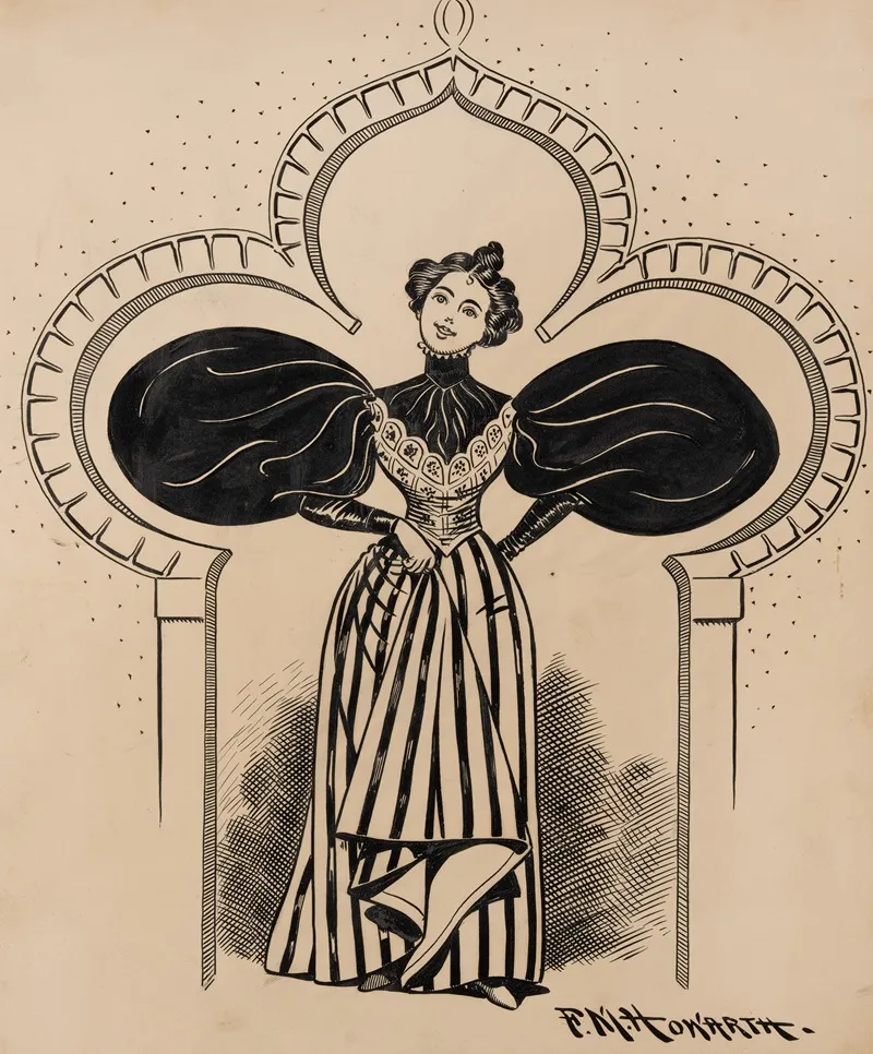 Nineteenth Century Woman With Enormous Sleeves Walking Through Doorway Shaped Like Her Dress by Franklin Morris Howarth - Canvas Print