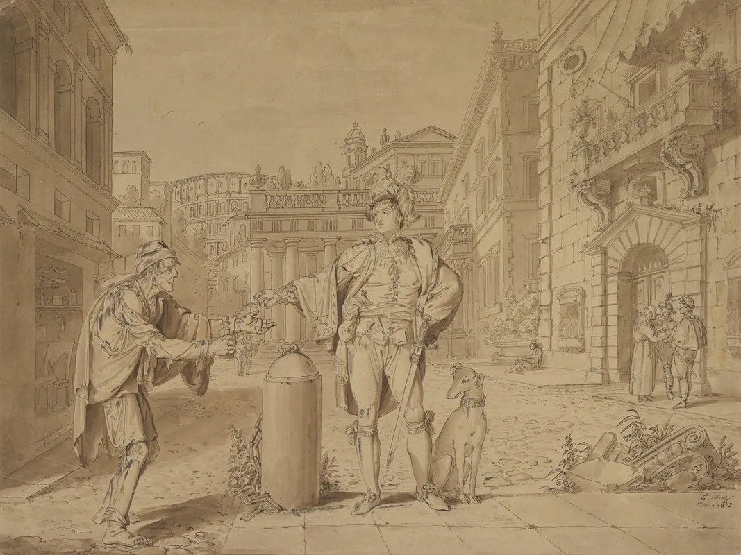 Nobleman Giving Alms To Beggar In Piazza Near The Coliseum