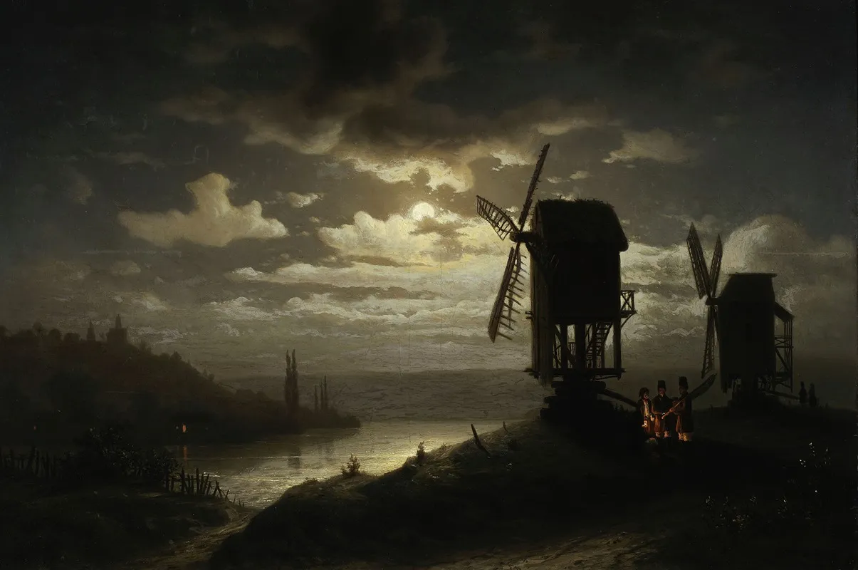 Nocturnal Landscape With Windmills by Józef Marszewski - Canvas Print