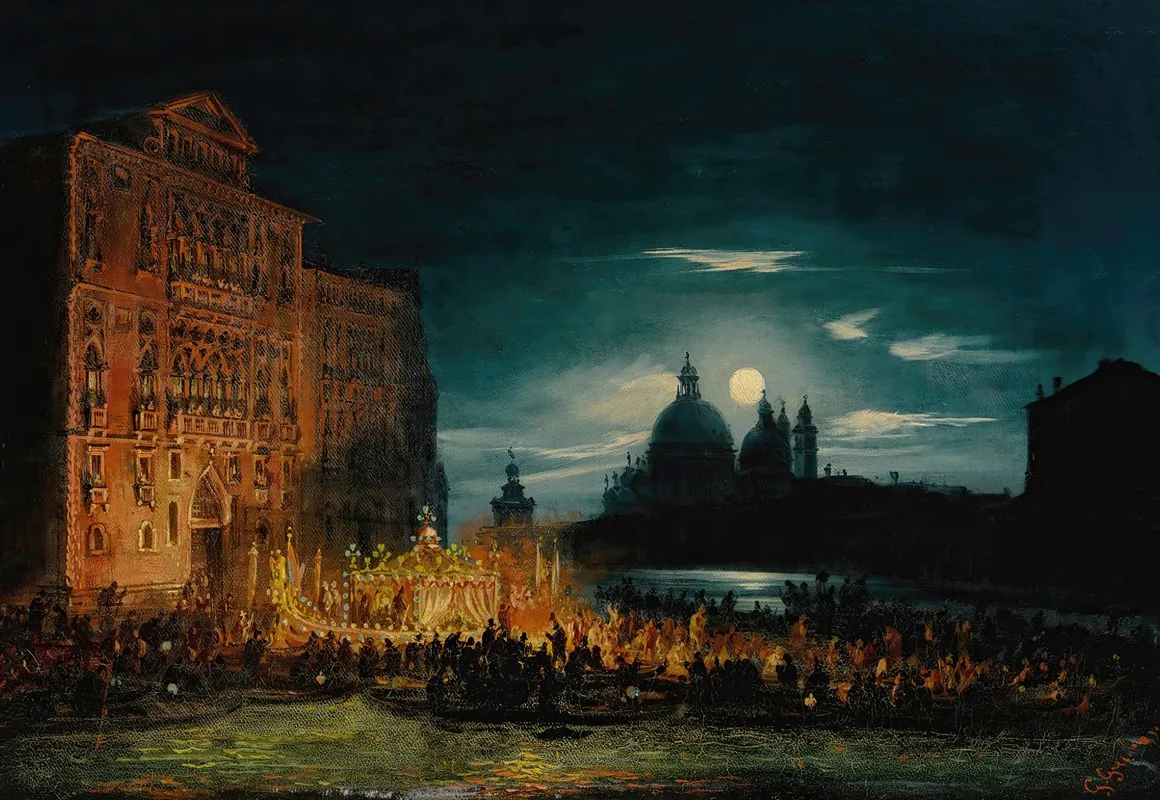 Nocturnal Venetian Scene On The Feast Of The Redentore 2 by Giovanni Grubacs - Canvas Print