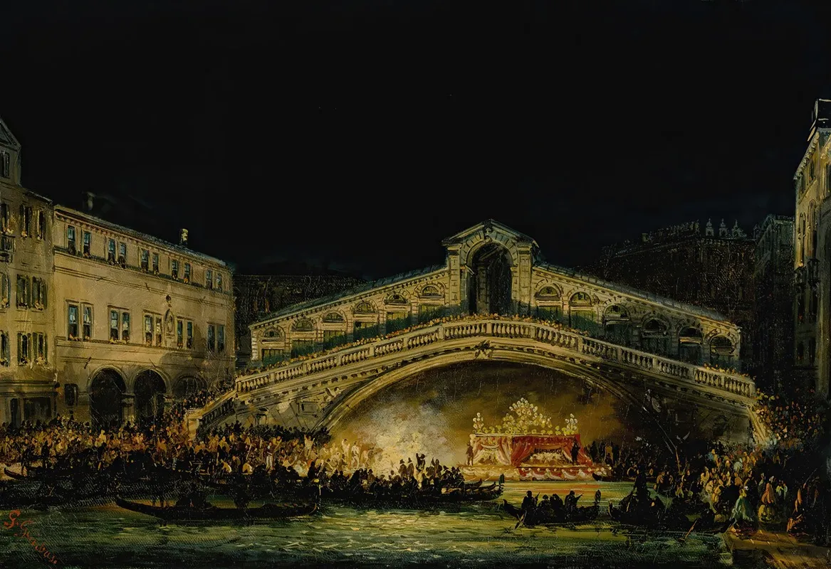 Nocturnal Venetian Scene On The Feast Of The Redentore by Giovanni Grubacs - Canvas Print