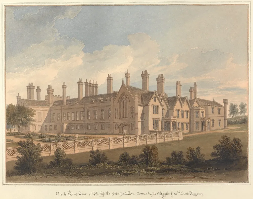 North West View Of Blithfield Staffordshire The Seat Of The Right Honble Lord Bagot by John Buckler - Canvas Print