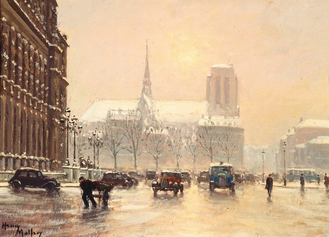Notre Dame Vue De La Place De Lhotel De Ville Par Temps De Neige by Henry Malfroy - Canvas Print