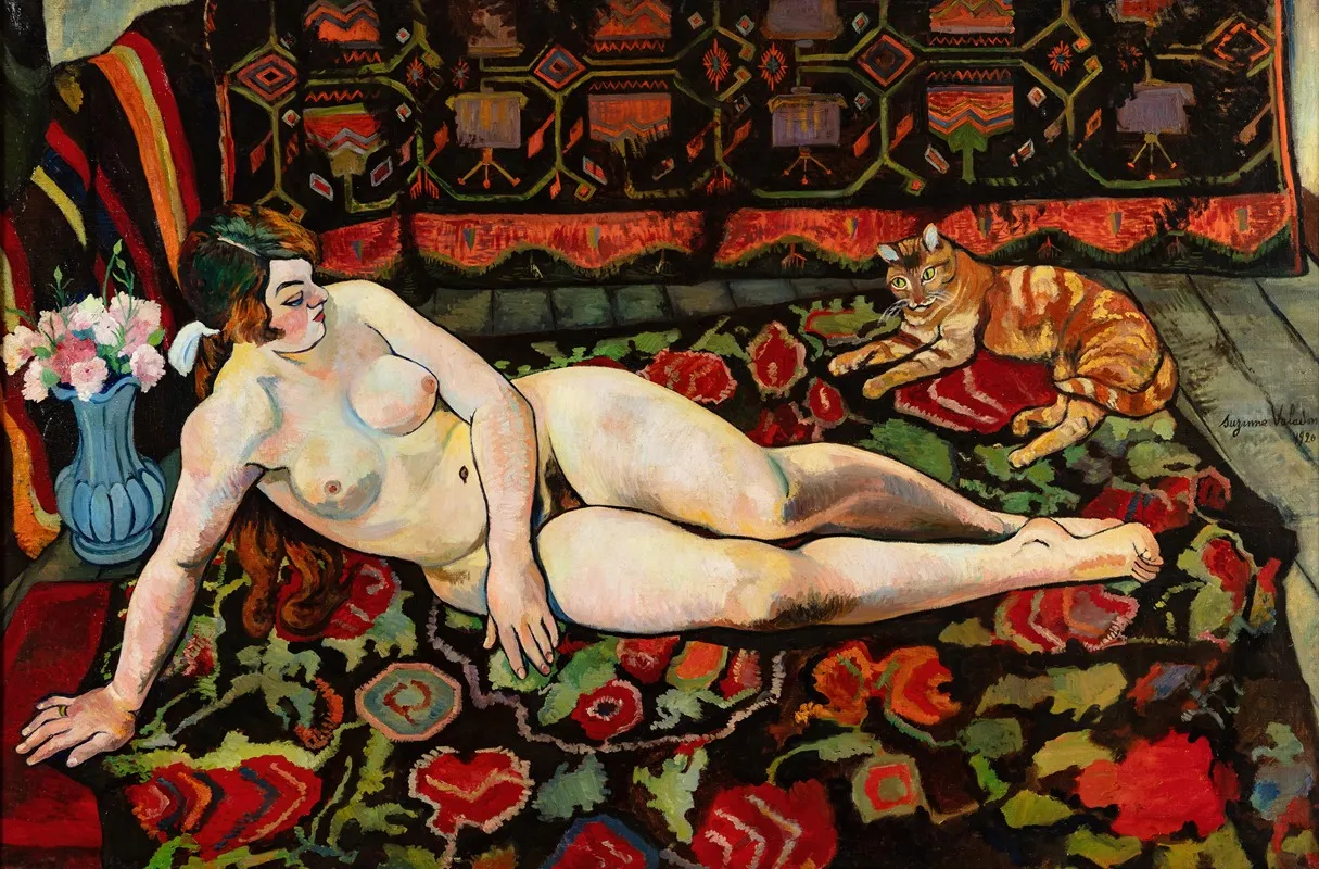 Nu Au Chat Allonge Sur Une Draperie A Fleurs by Suzanne Valadon - Canvas Print