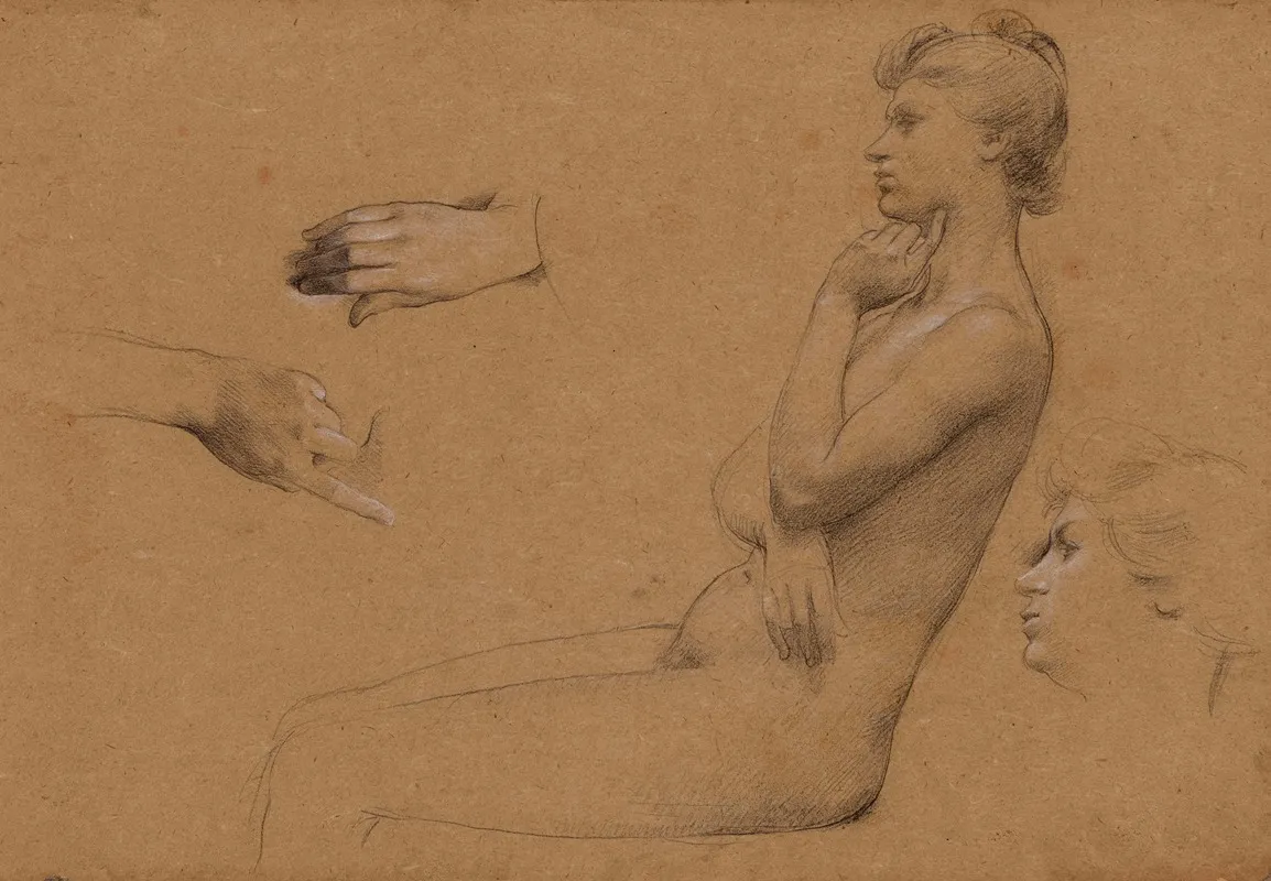 Nu De Femme Assise Et Etude De Mains Et De Visage