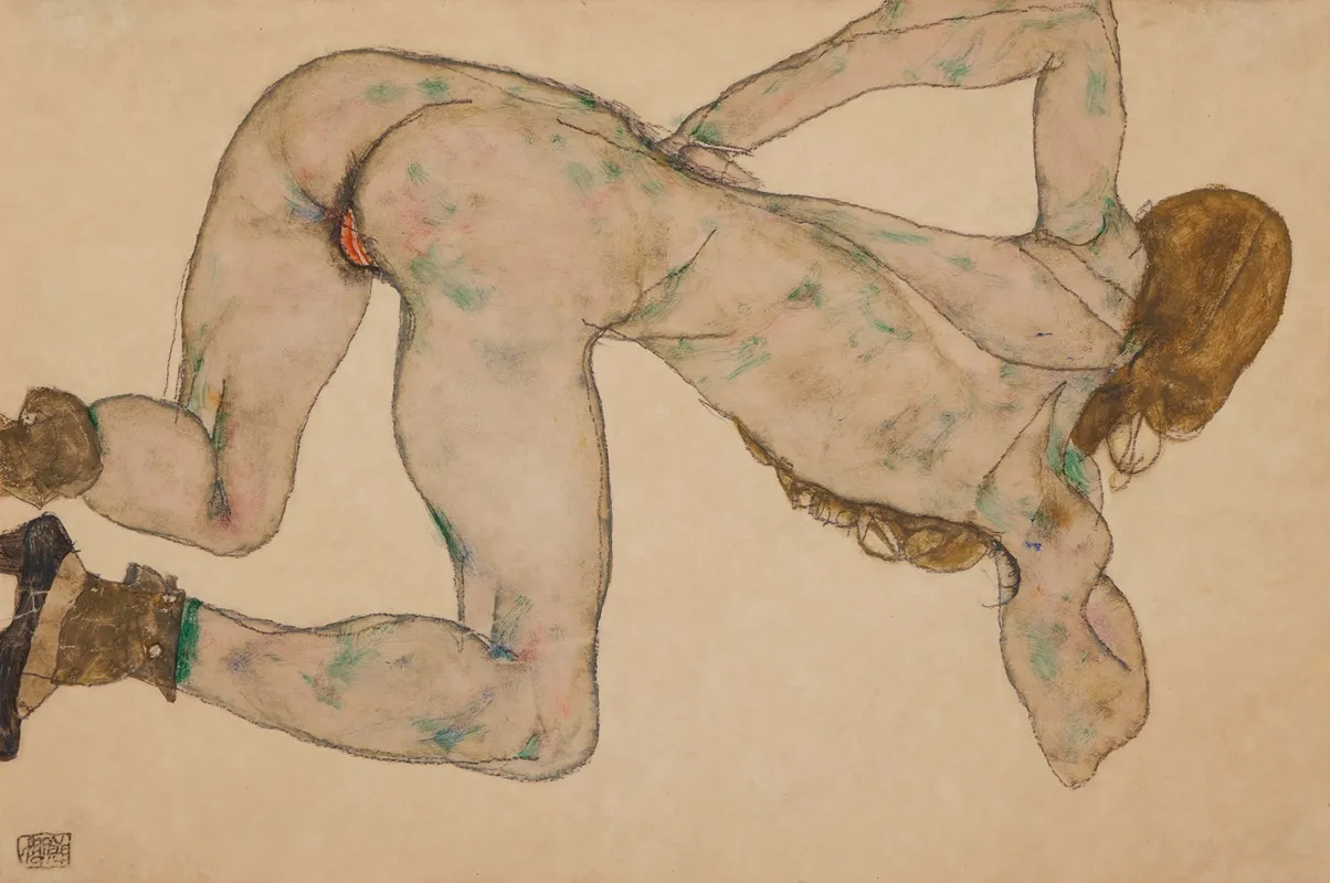 Nude Bending Over Left Arm On Hip by Egon Schiele - Canvas Print