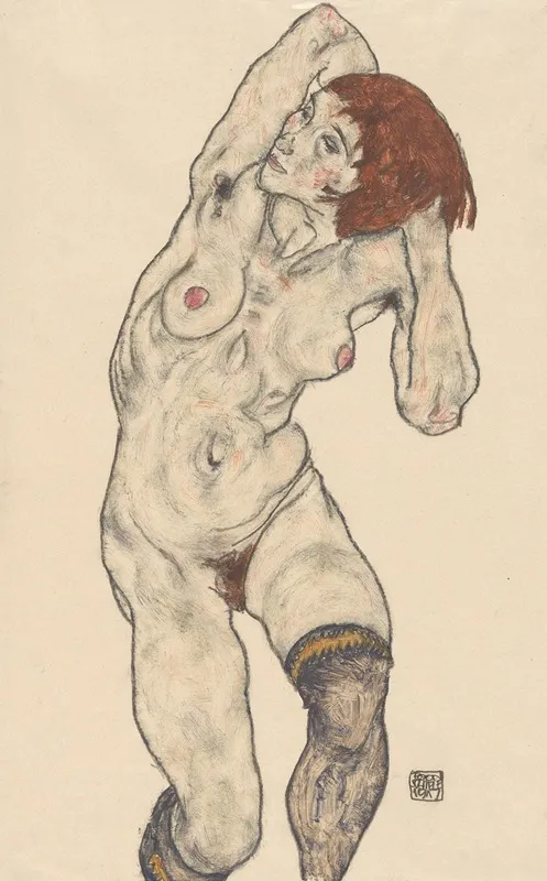 Nude In Black Stockings by Egon Schiele - Canvas Print