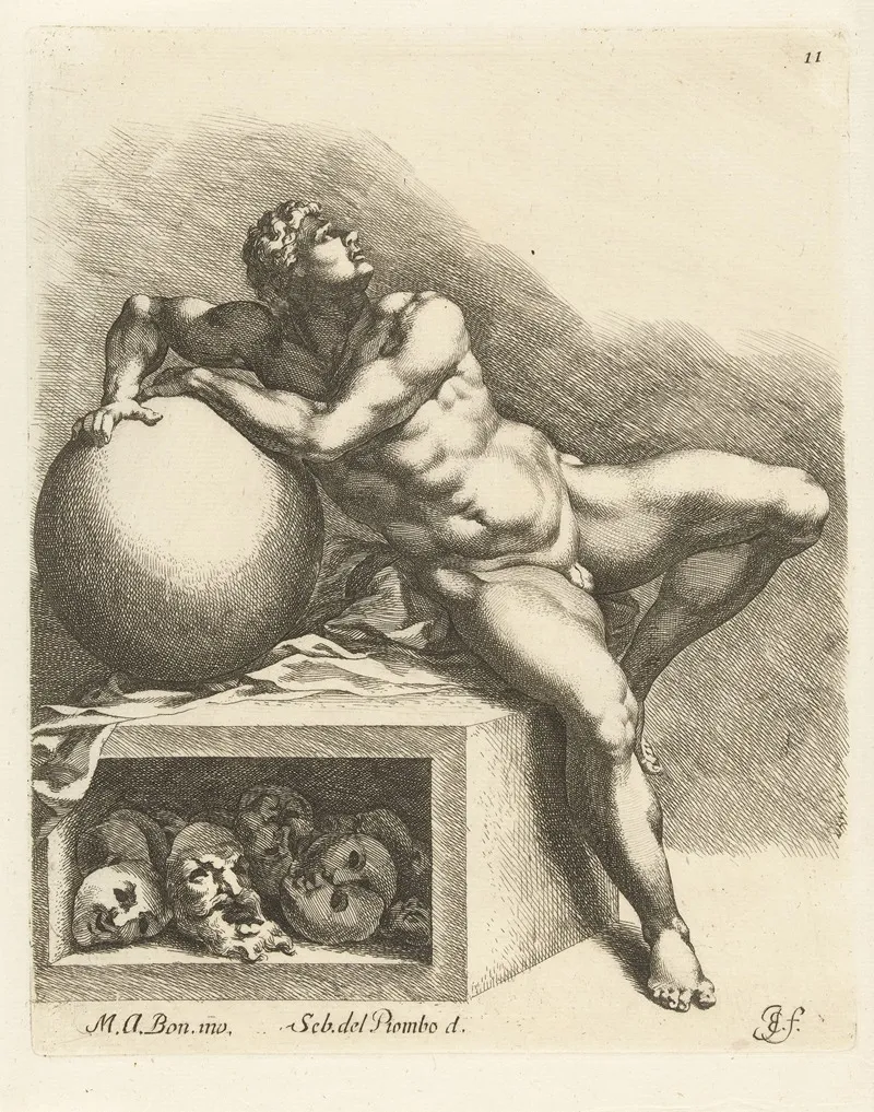 Nude Man Leaning On A Ball by Jan de Bisschop - Canvas Print