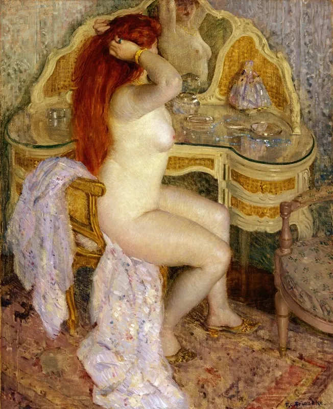 Nude Seated At Her Dressing Table by Frederick Carl Frieseke - Canvas Print