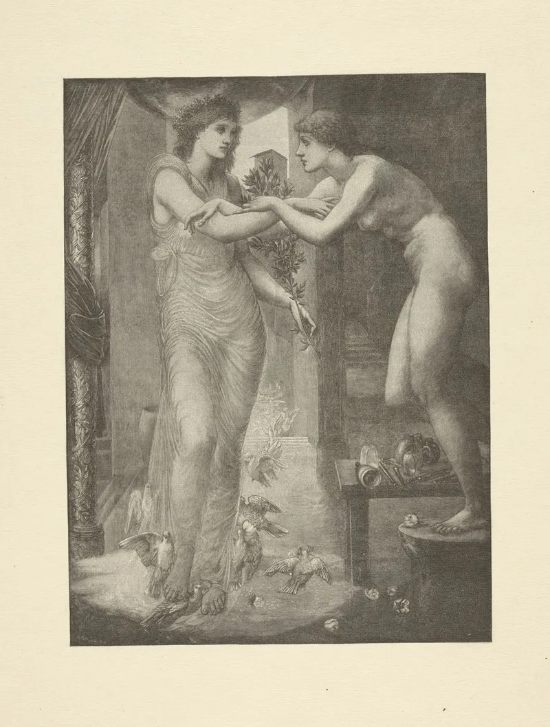 Nude Woman Stands On Stool Arms Locked With Woman Beside Her Clothed In Sheer Dress Doves At Her Feet