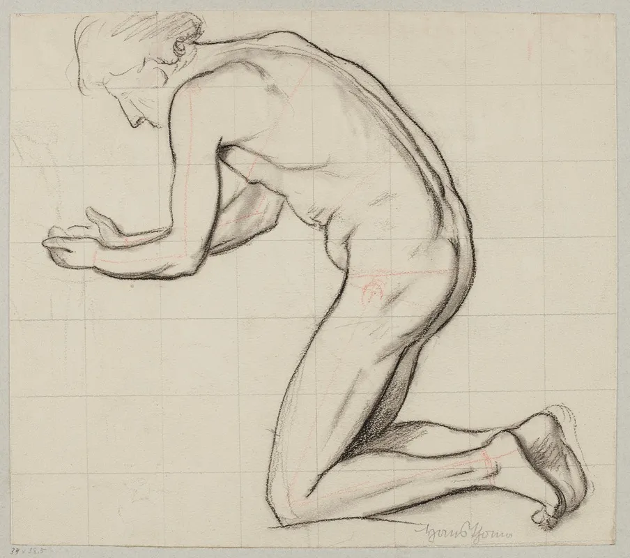 Nude Young Male Kneeling By A Stream And Scooping Water With His Hands