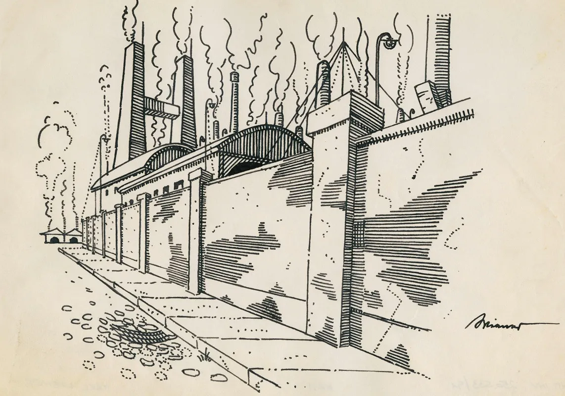 Ohne Titel Fabrik Mit Rauchenden Schloten Hinter Mauer
