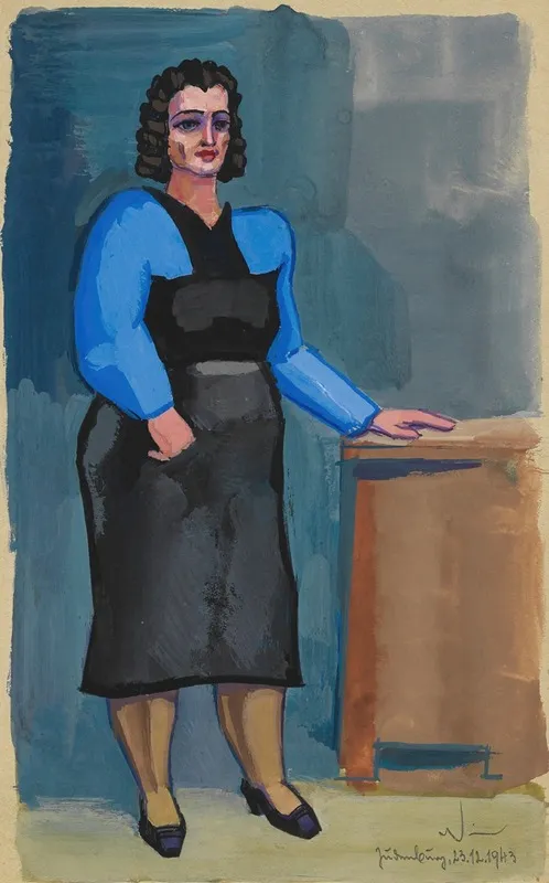 Ohne Titel Frau In Blauer Bluse Und Schwarzem Kleid