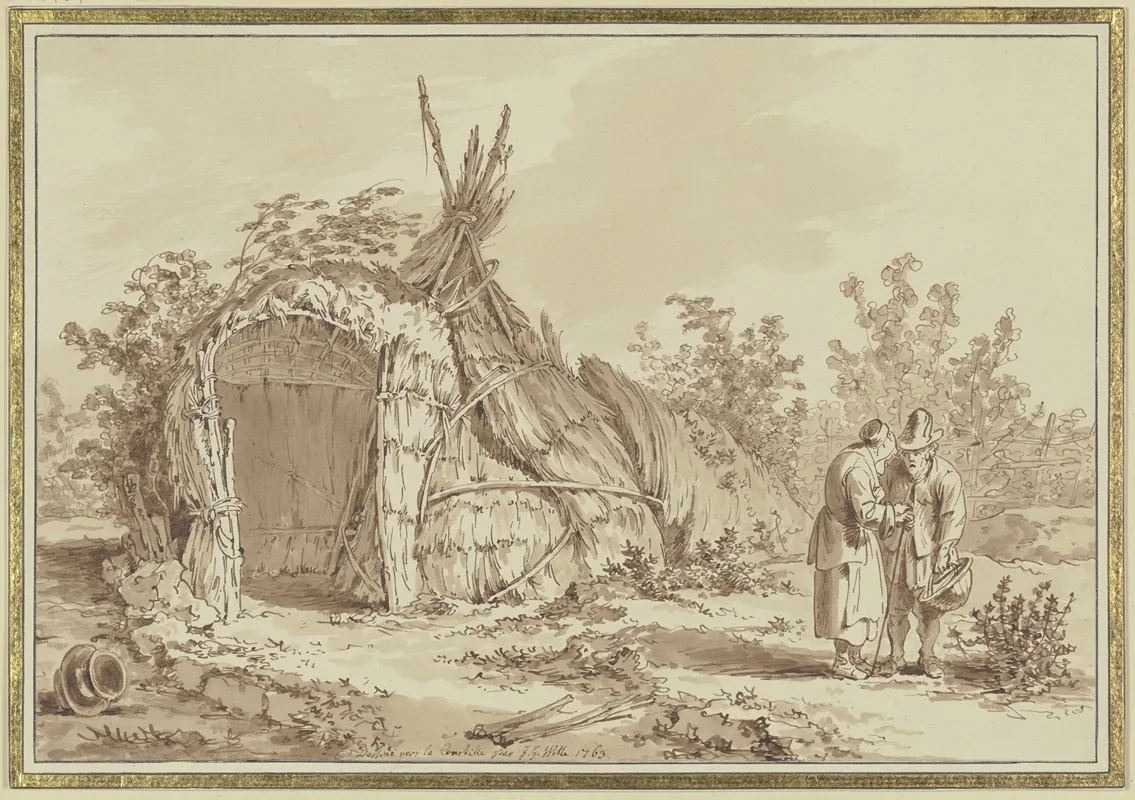 Old Couple In Front Of Straw Hut by Johann Georg Wille - Canvas Print