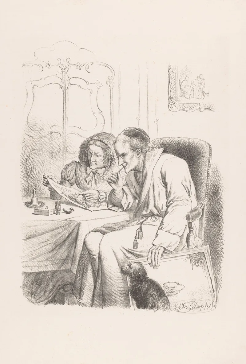 Old Man And Woman Looking At A Drawing by Wilhelmus Petrus van Geldorp - Canvas Print