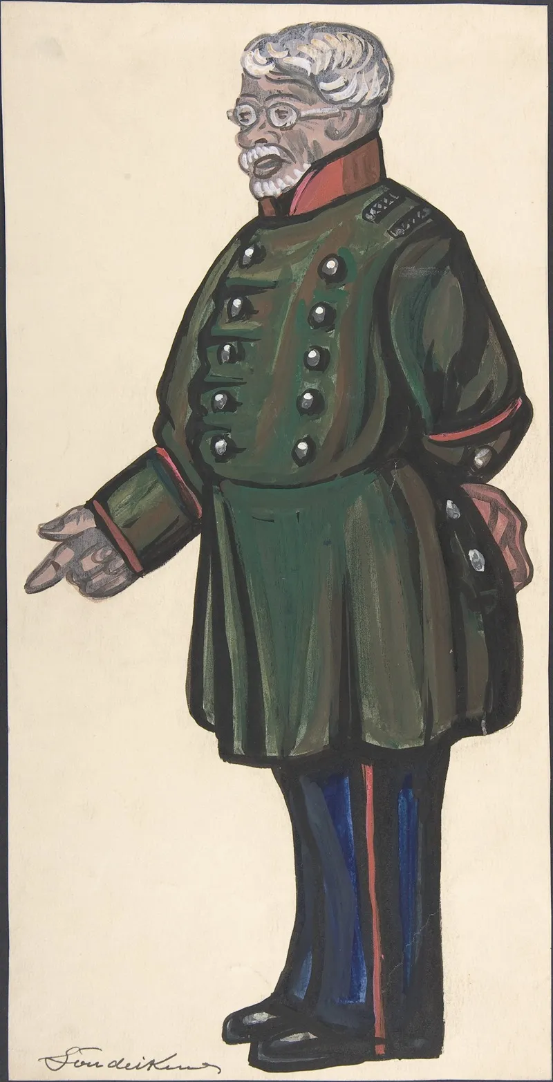 Old Man In A Green Military Coat by Sergey Yurievich Sudeikin - Canvas Print