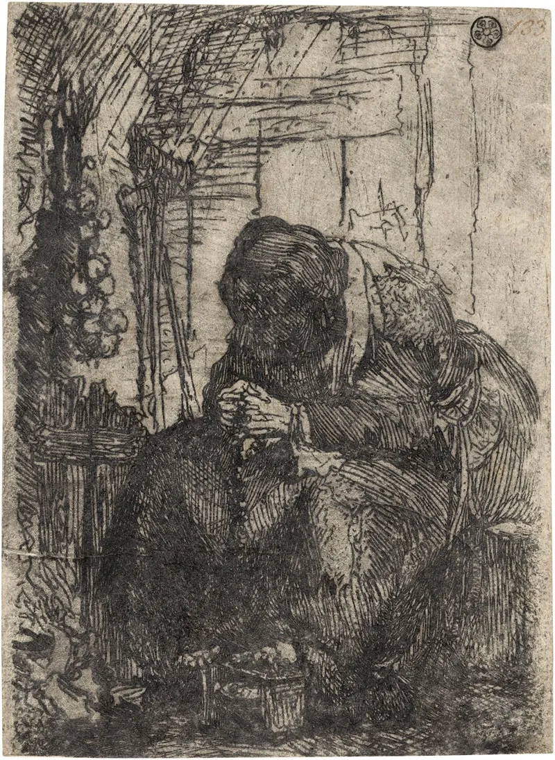 Old Woman Seated In A Cottage With A String Of Onions On The Wall by Rembrandt van Rijn - Canvas Print