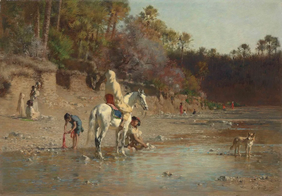 On The Bank Of The El Kantara River by Gustave-Achille Guillaumet - Canvas Print