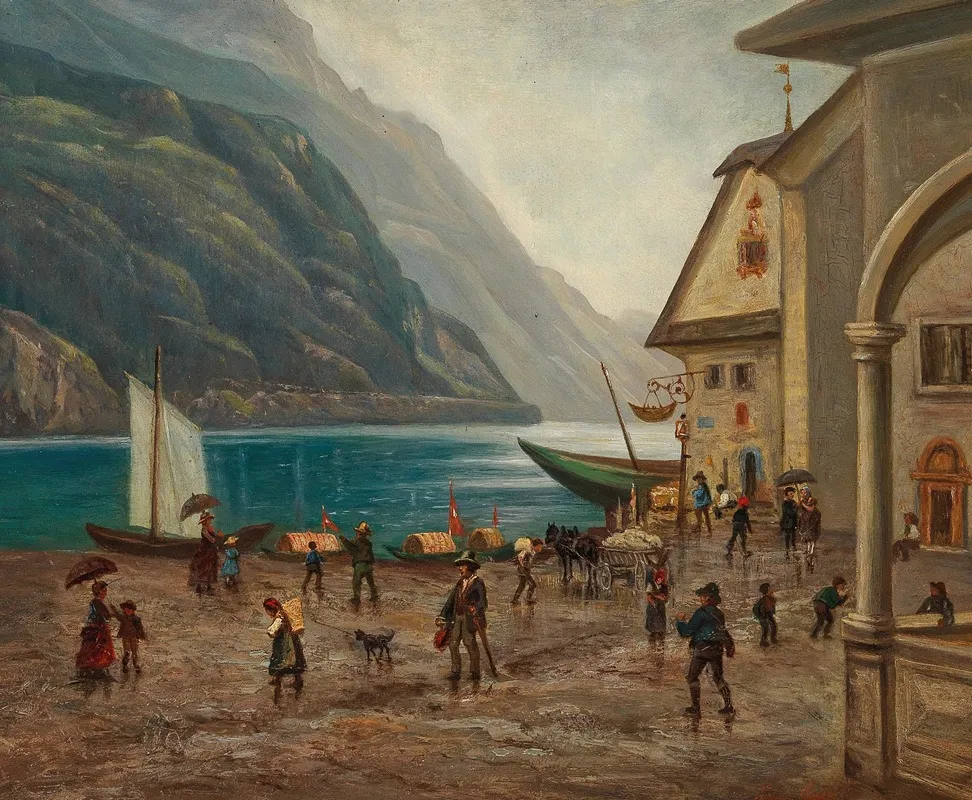 On The Shore Of Lake Konigssee Near Berchtesgaden by Josef Mayr - Canvas Print