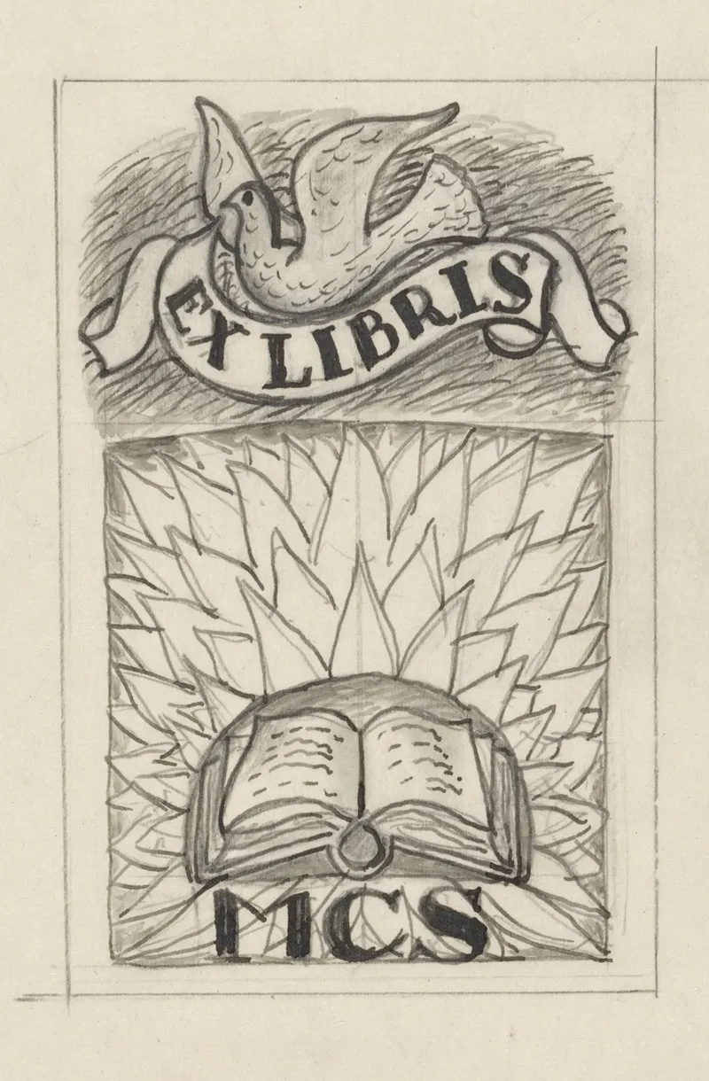 Ontwerp Ex Libris Voor Mcs Met Voorstelling Van Een Open Boek En Een Duif