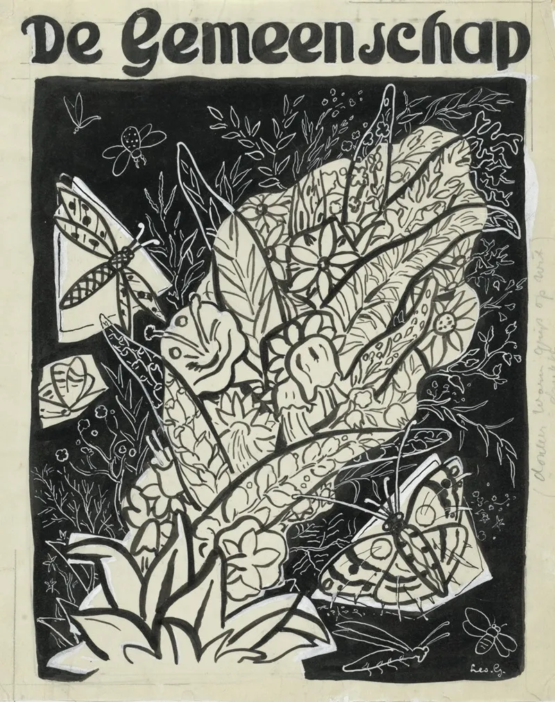 Ontwerp Voor De Omslag Van De Gemeenschap Met Een Voorstelling Van Vlinders Rond Bladeren En Bloemen Vliegend 2