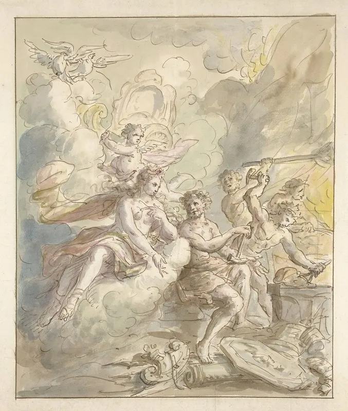 Ontwerp Voor Een Kamerbeschildering Met Allegorie Op Het Vuur by Elias van Nijmegen - Canvas Print