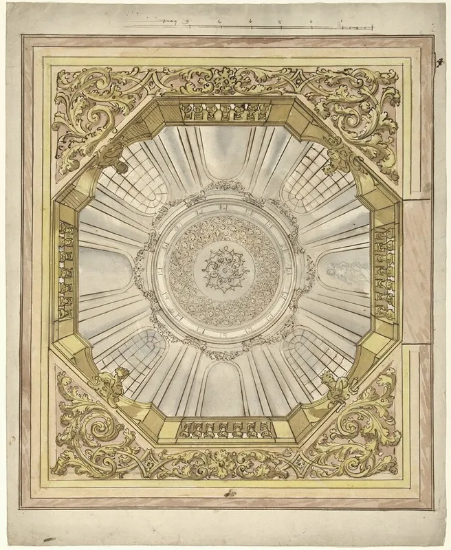 Ontwerp Voor Een Plafondschildering Met Illusionistische Koepelgewelf Waarin Een Roset