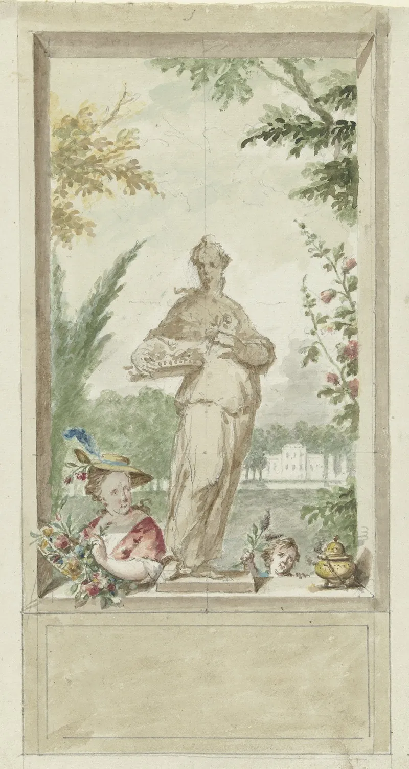 Ontwerp Voor Een Zaalstuk Standbeeld Van Zintuig Reuk Daarnaast Een Vrouw En Kind Met Bloemen by Dionys van Nijmegen - Canvas Print