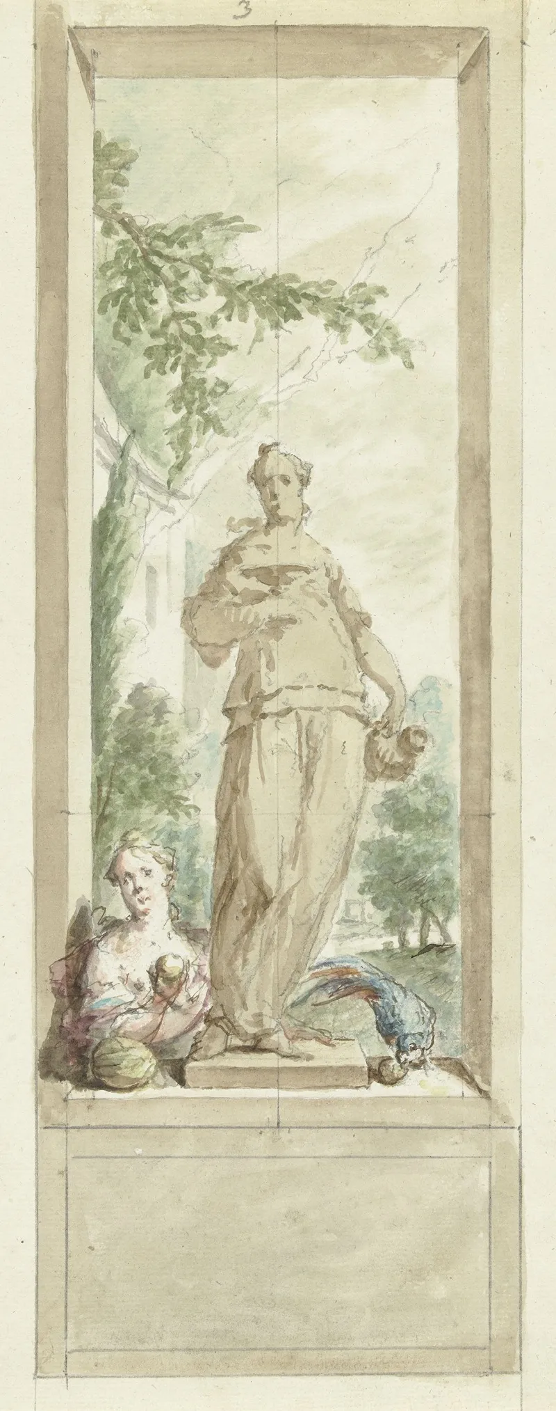 Ontwerp Voor Een Zaalstuk Standbeeld Van Zintuig Smaak Daarnaast Een Vrouw En Papegaai Met Vruchten by Dionys van Nijmegen - Canvas Print