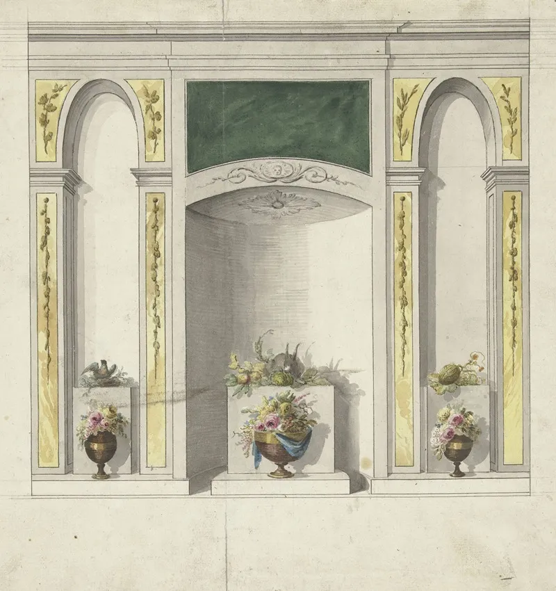Ontwerp Voor Kamerversiering Met Drie Nissen Waarin Bloemenvazen by Abraham Meertens - Canvas Print
