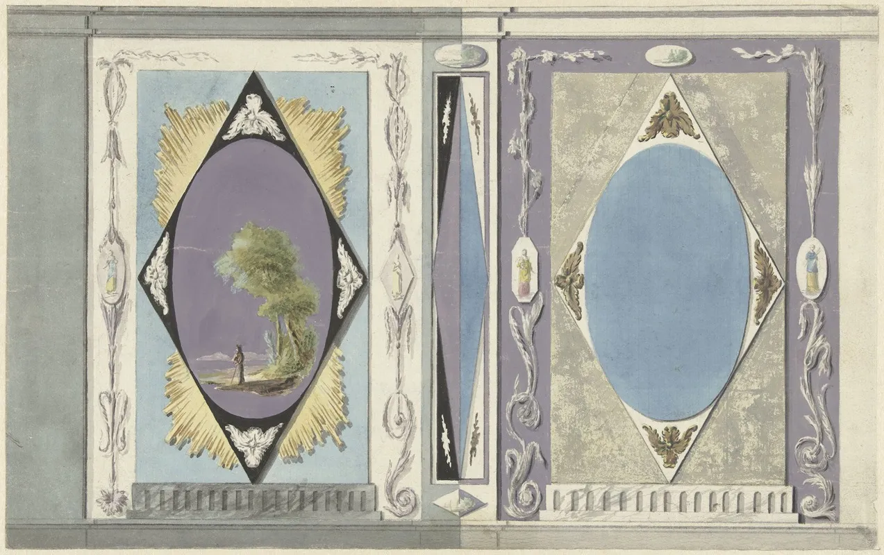 Ontwerp Voor Kamerversiering Met Twee Panelen Met Een Ovaal In Een Ruit by Abraham Meertens - Canvas Print