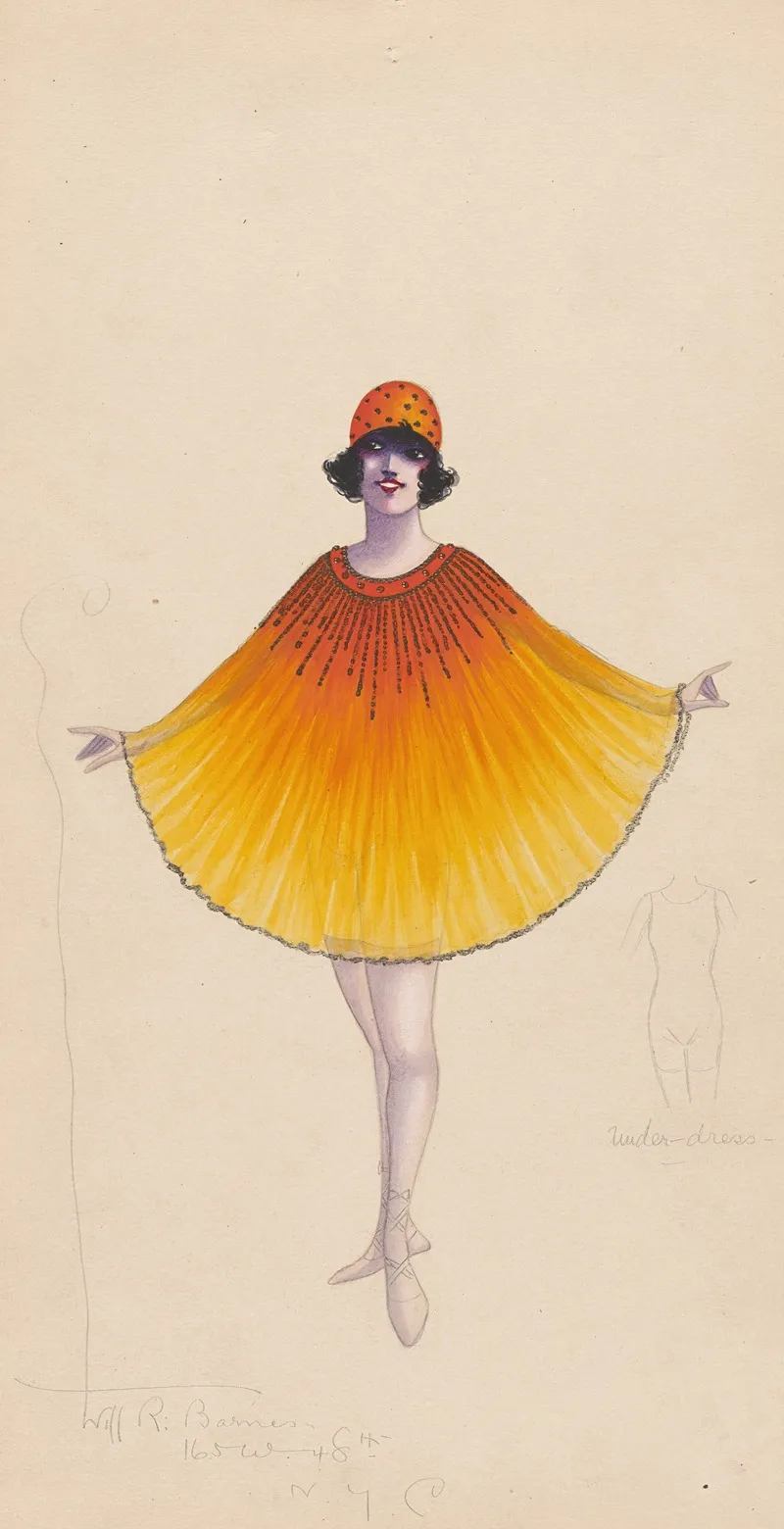 Orange And Yellow Poncho Type Costume With Under Dress Sketch