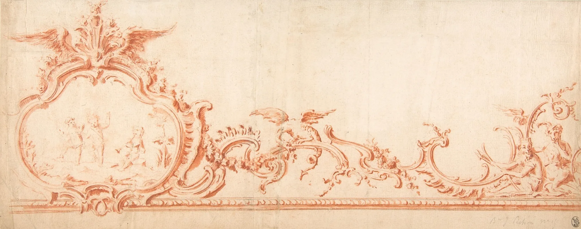 Ornament Drawing With Cartouche Putti And Monkeys