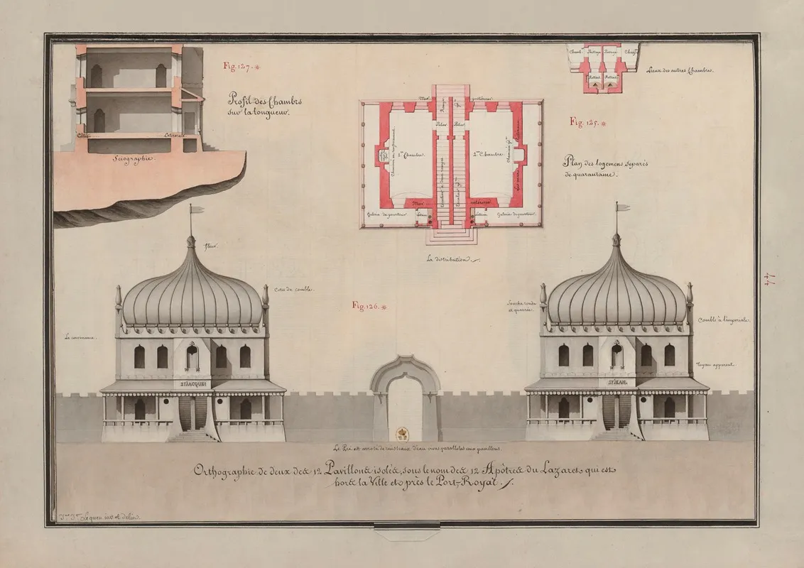 Orthographie De Deux Des 12 Pavillons Isoles Sous Le Nom Des 12 Apotres Du Lazaret Qui Est Hors La Ville Et Pres De Port Royal