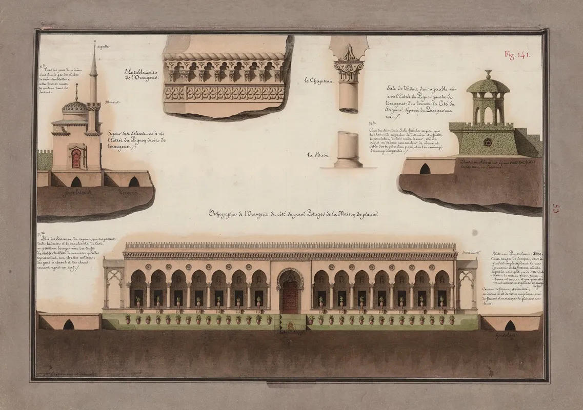 Orthographie De Lorangerie Du Cote Du Grand Potager De La Maison De Plaisir Lentablement De Lorangerie Le Chapiteau La Base