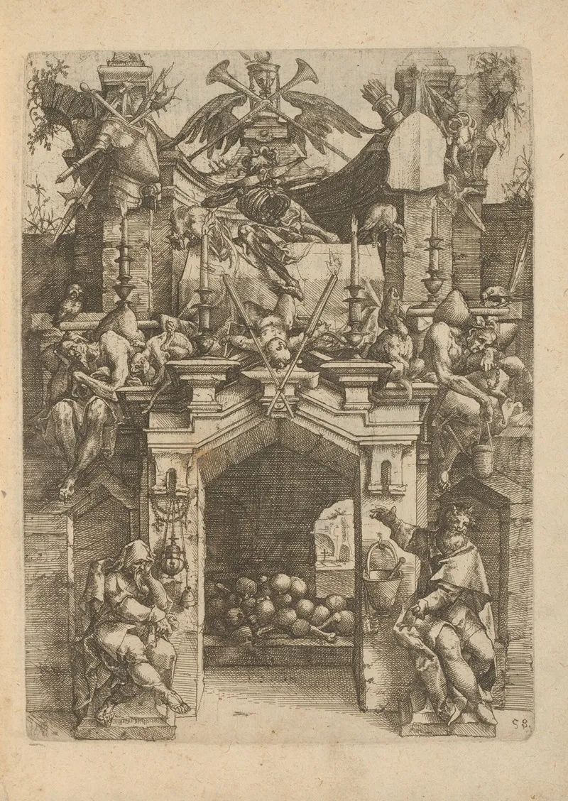 Ossuary Decorated With Bones Mourning People Candles And Weapons by Wendel Dietterlin - Canvas Print