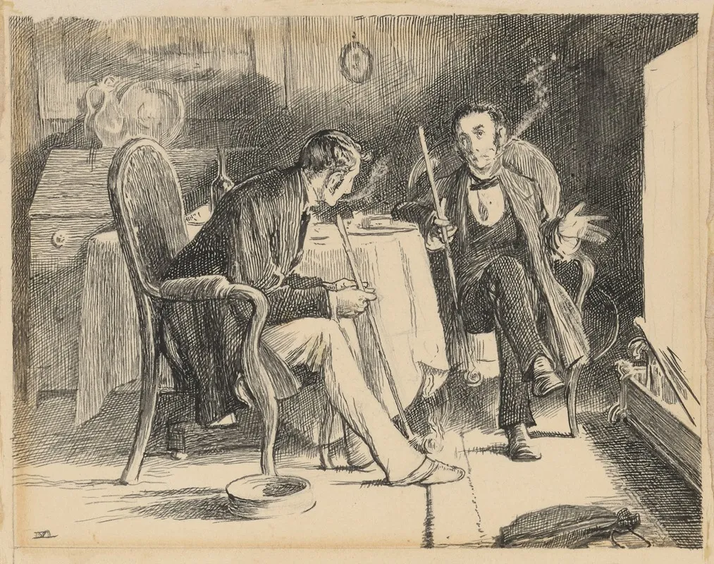 Our Mutual Friend Two Gentlemen Holding Long Pipes Seated Before Fireplace by James Mahoney - Canvas Print