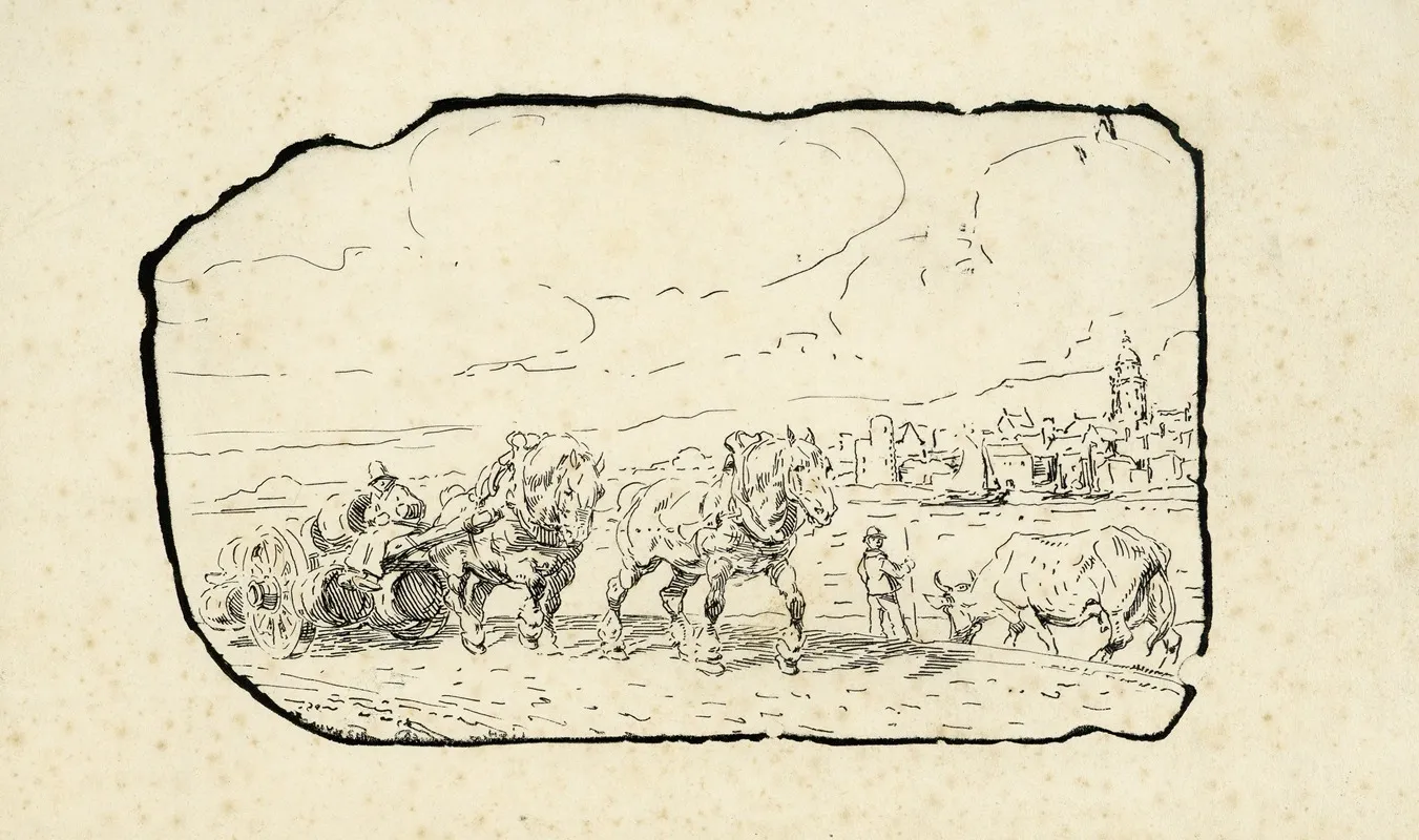 Paarden En Huifkar En Koe