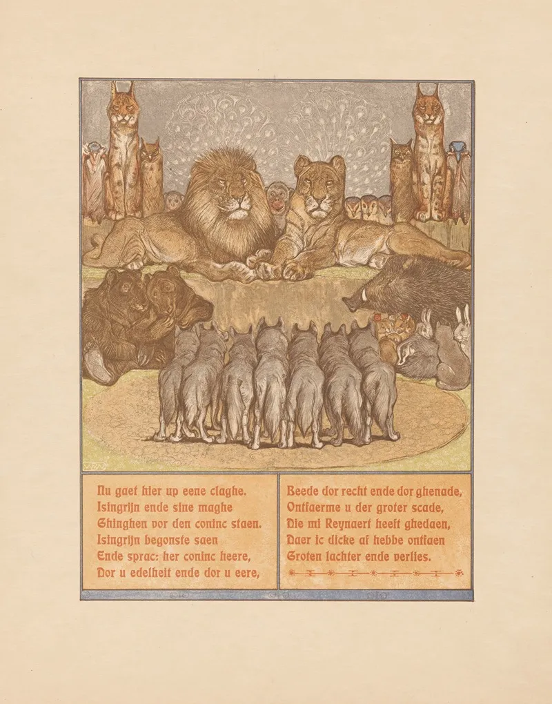 Pack Of Wolves In Front Of A Reclining Lion Nobel And Lioness Gentel
